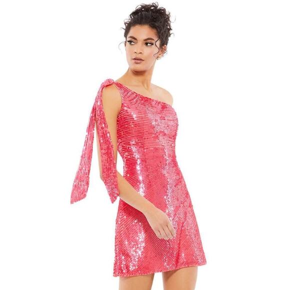 NWT Mac Duggal 5548 Sequin After Prom Dress Hot Pink Shoulder Mini Fitted Barbie - Picture 2 of 16